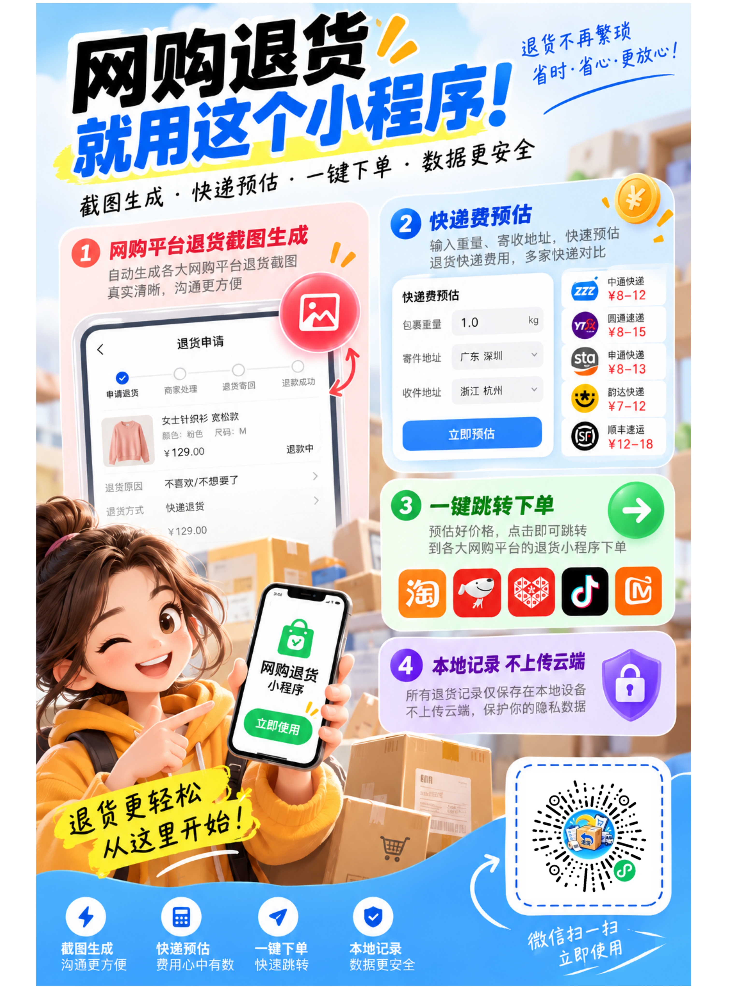 小义网购退货助手上线宣传海报：本次寄件测试价差与四项功能